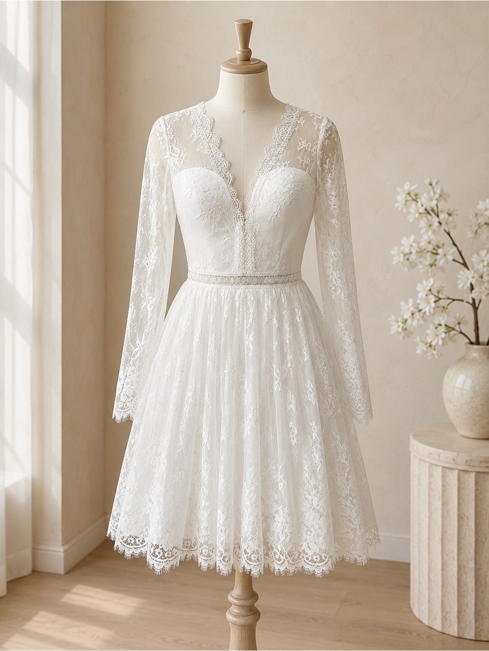 New With Tags Elegant White Lace Long-Sleeve Bridal Dress